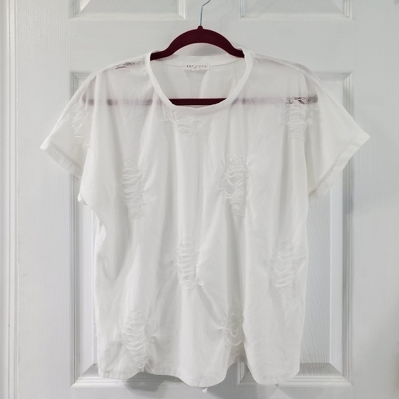 Socialite Shredded Distressed Short Sleeve White T-Shirt Size Small - Picture 4 of 9